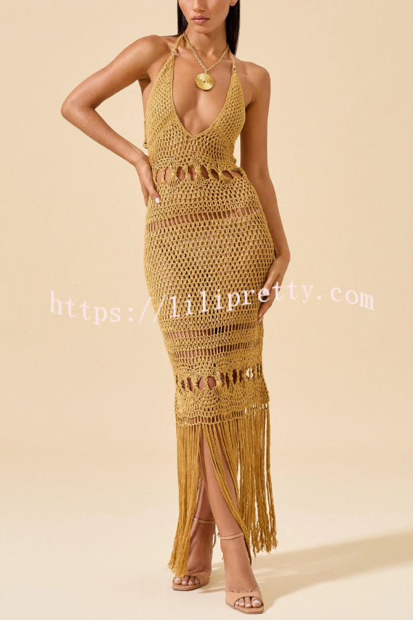 Fashionable Open-knit Backless Elegant Tassel Hem Vacation Cover-up Maxi Dress