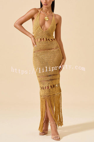 Fashionable Open-knit Backless Elegant Tassel Hem Vacation Cover-up Maxi Dress