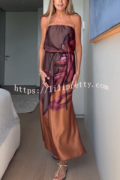 Drawing Inspiration Satin Floral Print Off Shoulder A-line Slit Maxi Dress