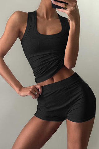Fashionable Sports Yoga Style Sleeveless Square Neck Top and Elastic Slim Shorts Set