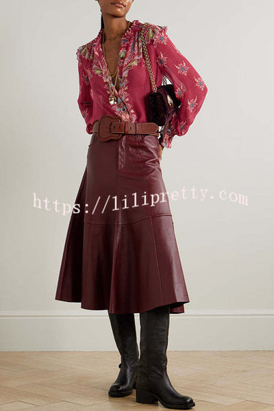 Unique Printed Chiffon Long-sleeved Loose Shirt and Elegant Ruffled Maxi Skirt Set