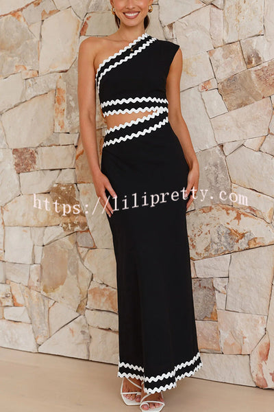 Wavy Lace Waist Cutout One Shoulder Sleeveless Maxi Dress