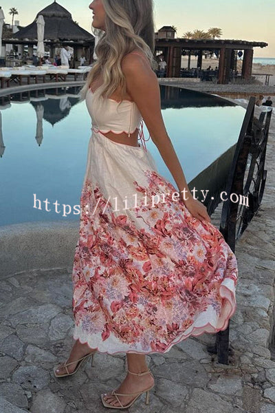Cabo Sunsets Floral Print Petal Trim Back Lace-up Pocket Midi Dress