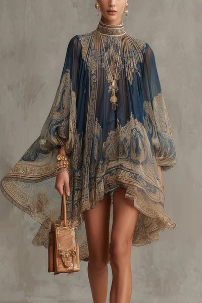 Baroque Print High-neck Irregular Chiffon Mini Dress