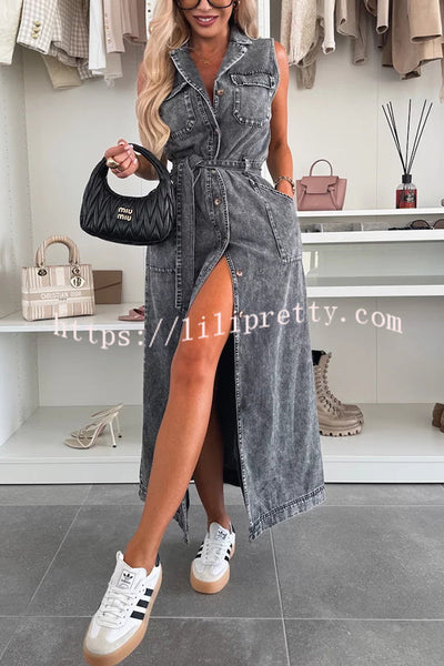 Solid Color Sleeveless Single Breasted Waist Tie Casual Pocket Denim Midi Dress