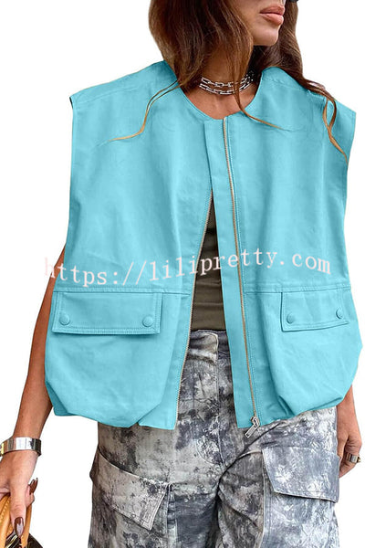 Fashion Zipper Sleeveless Pocket Loose Vest Jacket