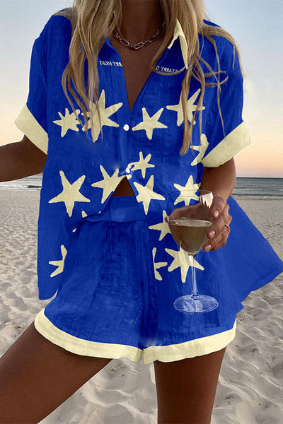 Star Print Loose Button Elastic Waist Shorts Set