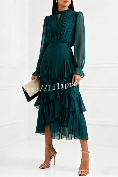Solid Color Round Neck Long Sleeve Fitted Waist Pleated Ruffle Midi Dress