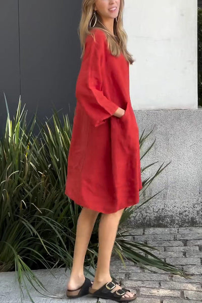 Linen Blend Solid Loose Casual Pocket Mini Dress