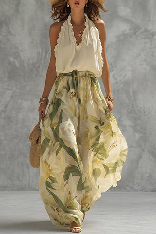 Breathable Floral Halter & Flowy Pants Co-ord Set