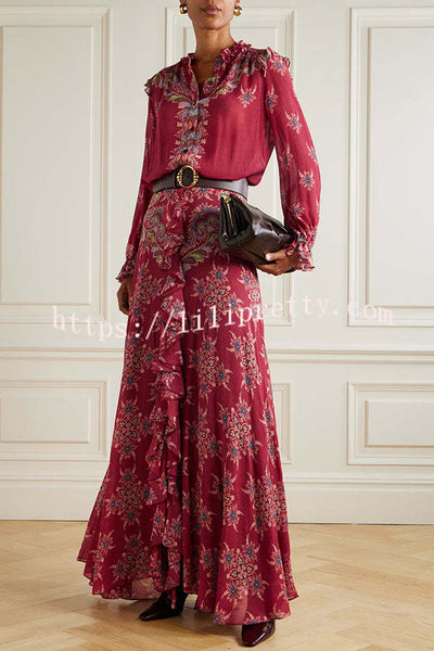 Unique Printed Chiffon Long-sleeved Loose Shirt and Elegant Ruffled Maxi Skirt Set
