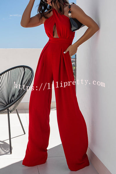 Easy Mode Cross-neck Halter Strap Backless Wide Leg Jumpsuit
