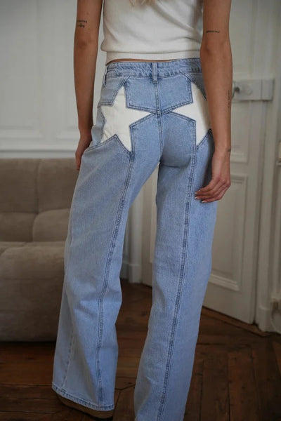 Stylish Denim Colorblock Star Patterned Mid Waist Pocket Wide Leg Jeans