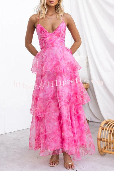Elinor Chiffon Floral Print Elastic Back Lace-up Ruffle Maxi Dress