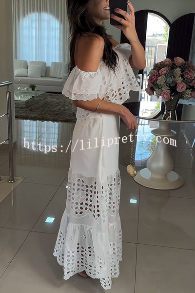 Valia Crochet Cutout Lace Off Shoulder Top and Elastic Waist A-line Maxi Skirt Set