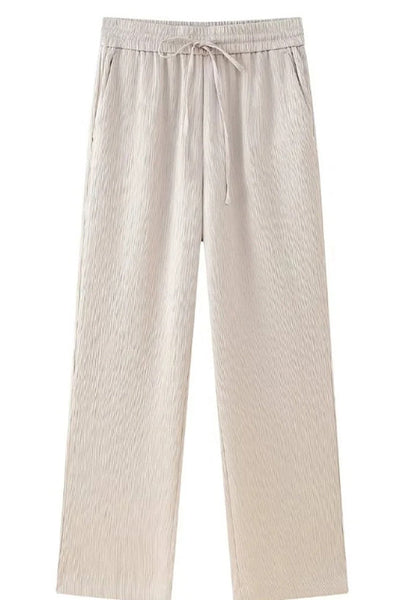 Fashionable Pleated Elastic Waist Tie Casual Pocket Wide-leg Pants