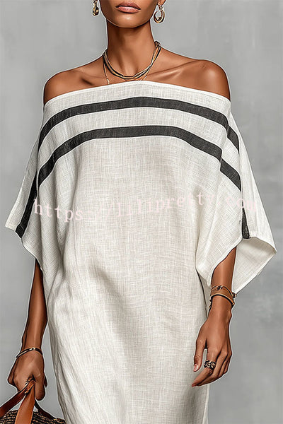 Bella Linen Blend Striped Print Off Shoulder Half Wide Sleeve Loose Maxi Dress
