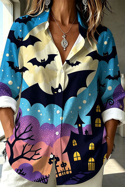 Halloween Haunted Castle & Bats Button-Up Shirt