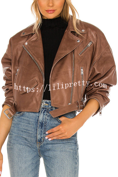 Fashion Lapel Long Sleeve Casual Zipper Pocket Leather Jacket