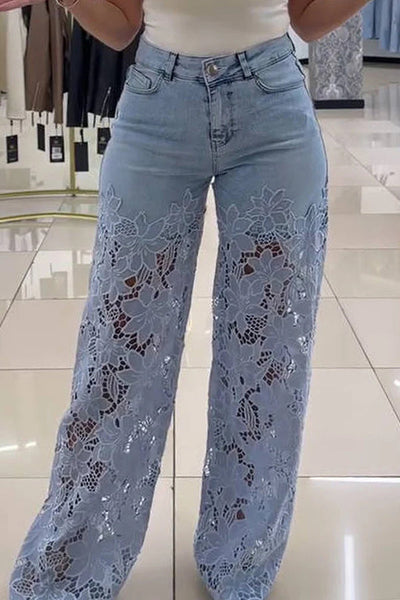 Fashion Hollow Lace Stitching Casual Pocket Denim Wide-leg Pants
