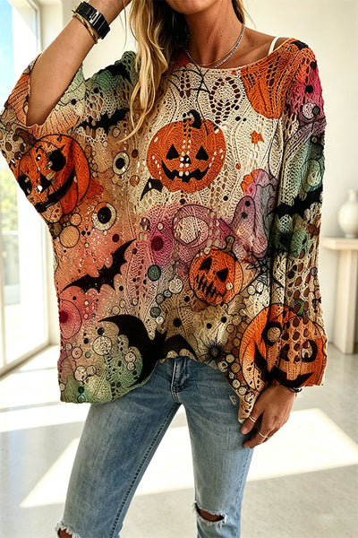 Halloween Pumpkin & Bat Hollow Out Knit Oversized Sweater