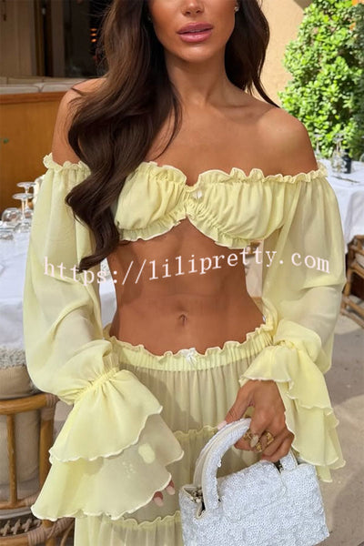 Gentle Sunshine Off Shoulder Long Bell Sleeve Crop Top and Elastic Waist Layered Cover-up Maxi Skirt Set