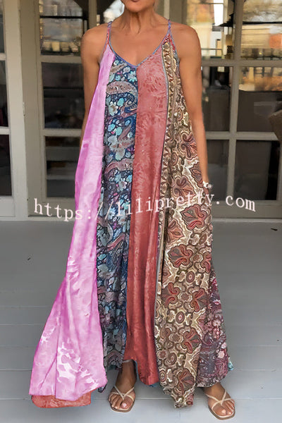 Unique Printed Loose Holiday Strap Big Hem Maxi Dress
