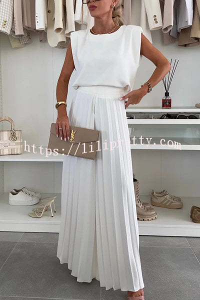 Fashionable Round Neck Shoulder Pads Top and Elastic Waist Pleated Wide-leg Pants Set
