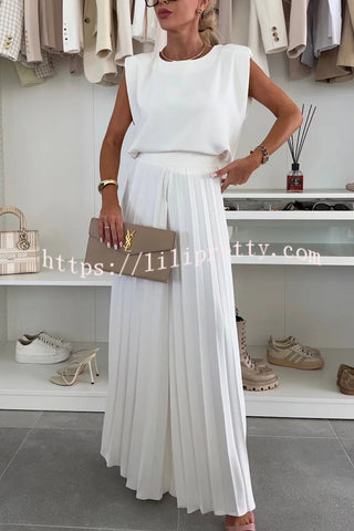 Fashionable Round Neck Shoulder Pads Top and Elastic Waist Pleated Wide-leg Pants Set