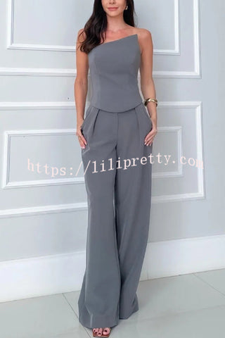 Elegant Bandeau Back Zip Cropped Top and High Waist Pocket Wide Leg Pants Set