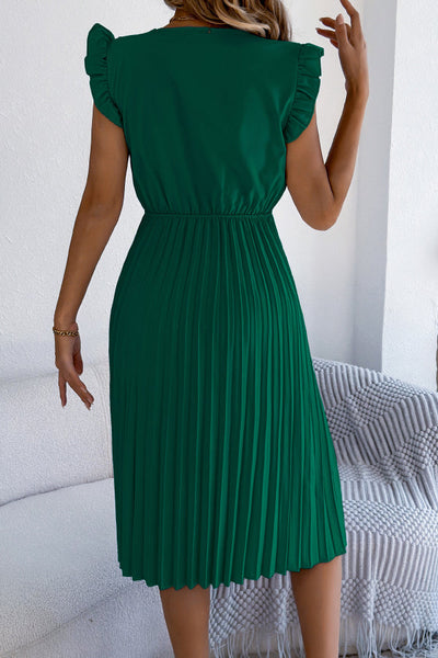 Solid Color V-neck Lace-trimmed Sleeveless Casual Pleated Midi Dress