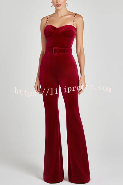 Eliza Luxurious Velvet Fabric Jewel-embellished Shoulder Straps Belted Flare Jumpsuit