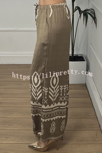 Unique Print Elastic Waist Casual Pocket Wide Leg Pants