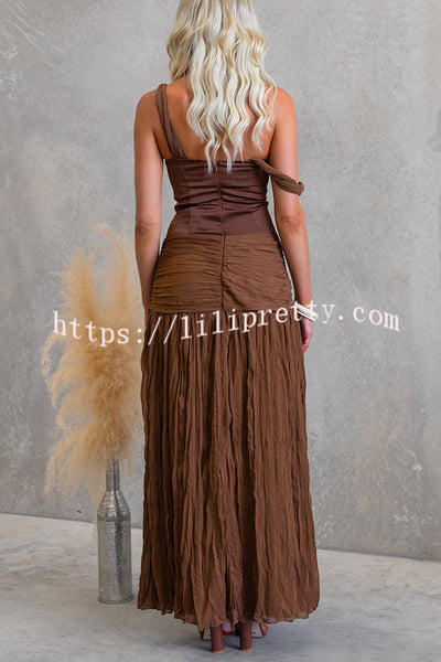 Zariyah Satin Bodice Asymmetric Neck Tie-up Waist Chiffon Hem Maxi Dress