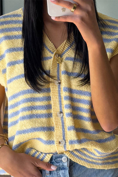 Stylish Striped Loose Sleeveless Button-down Knit Cardigan