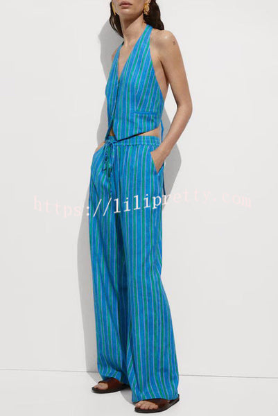 Regine Linen Blend Striped Button Halter Backless Vest and Elastic Waist Pocket Pants Set