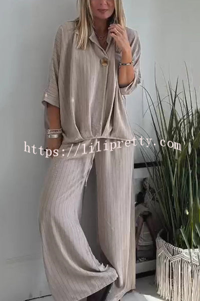 Fashion Striped Print Lapel Loose Top and Elastic Waist Casual Wide-leg Pants Set