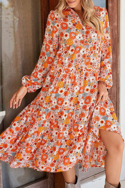 Bohemian Floral Print Loose Casual Long Sleeve Midi Dress