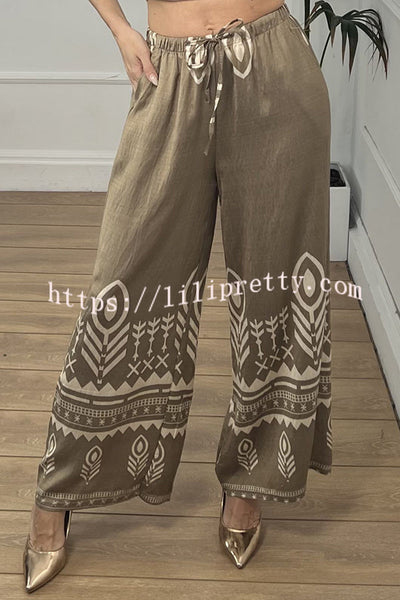 Unique Print Elastic Waist Casual Pocket Wide Leg Pants