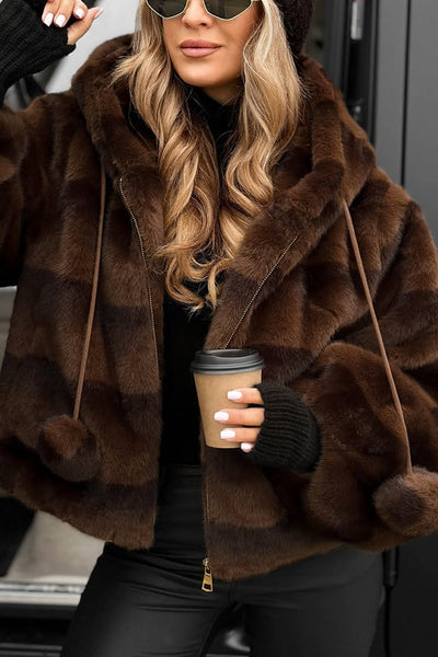 Winter Latte Gradient Print Ribbed Balloon Sleeve Hooded Loose Plush Coat