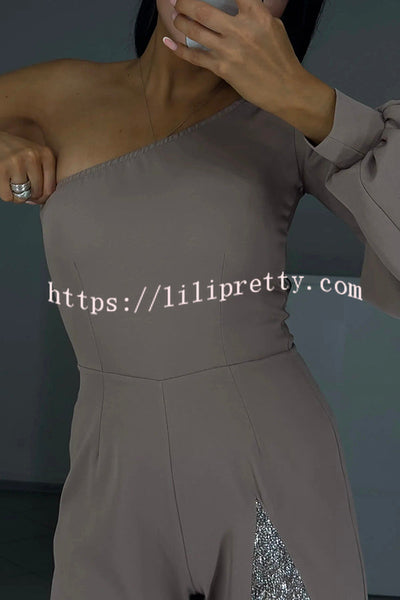 Carlisle One Shoulder Slit Lantern Sleeve Sequin Patchwork Wide Leg Party Jumpsuit