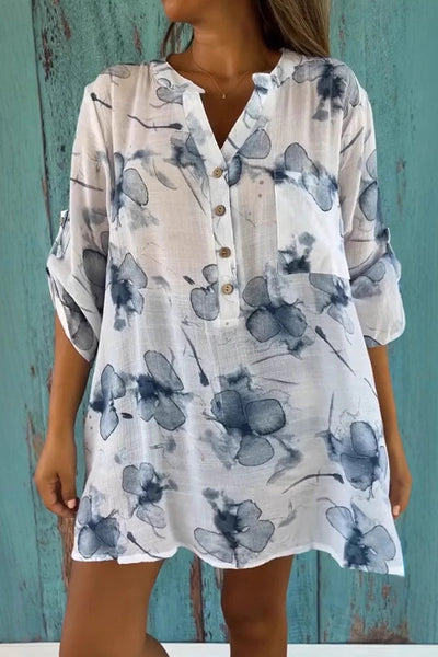 Botanical Print Casual V-Neck Pocket Loose Top