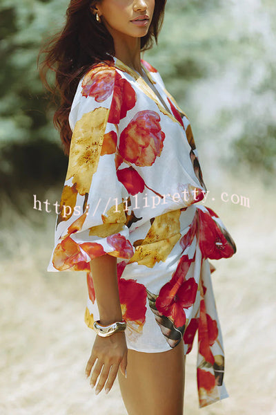 Marielle Linen Blend Floral Print Dolman Sleeve Wrap Loose Mini Dress