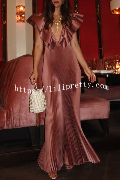 Merry and Bright Satin Deep V-neck Dramatic Ruffled Sleeve Pleated Maxi Dress