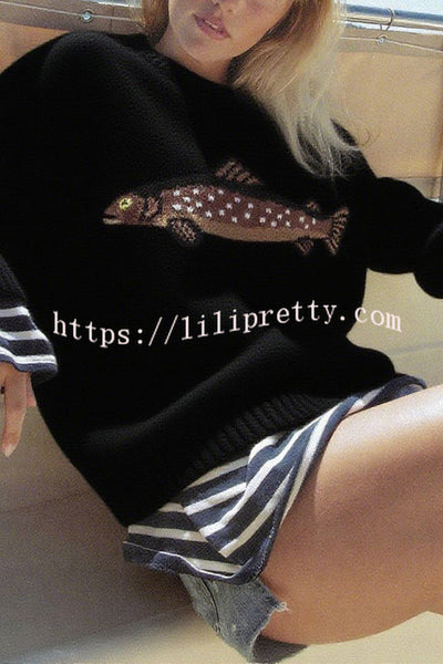 Fashionable Fish Pattern Round Neck Loose Knitted Sweater