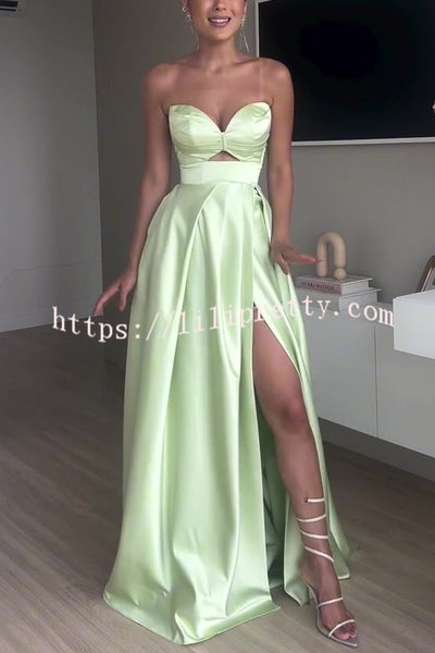 Chic Queen Satin Hollow Strapless Slim High Slit Party Maxi Dress