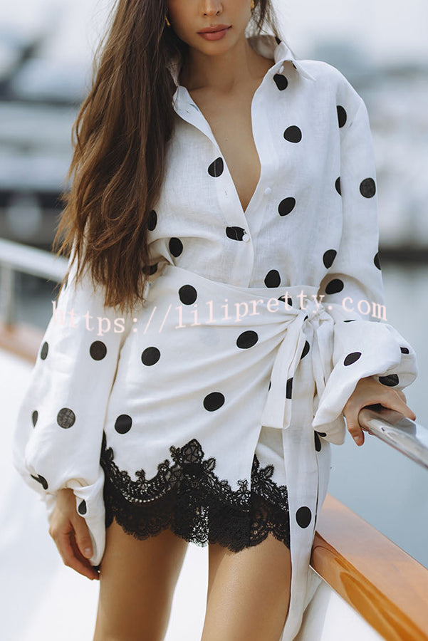 Lulabell Linen Blend Polka Dot Lantern Sleeve Shirt and Warp Tie-up Lace Trim Skirt Set