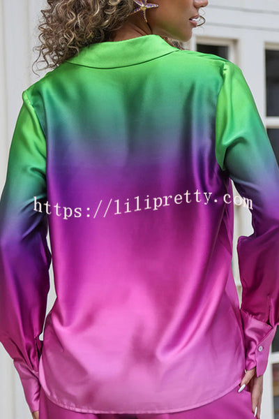 Gradient Long-sleeved Shirt Top and Loose-fitting Pocket Straight-leg Pants Set