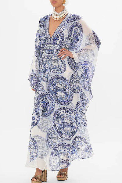 Blue and White Porcelain Print V-Neck Waist Loose Maxi Dress
