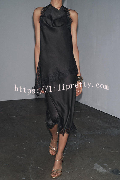 Dolly Satin Lace Trim Halter Cowl Neck Asymmetric Hem Tank